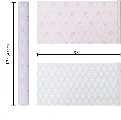 Vista 6 de BIOBROWN Rollo de papel de regalo reversible para baby shower, 17 pulgadas x 33 pies (47 pies cuadrados total) - Lazos rosas y diseño de diamante