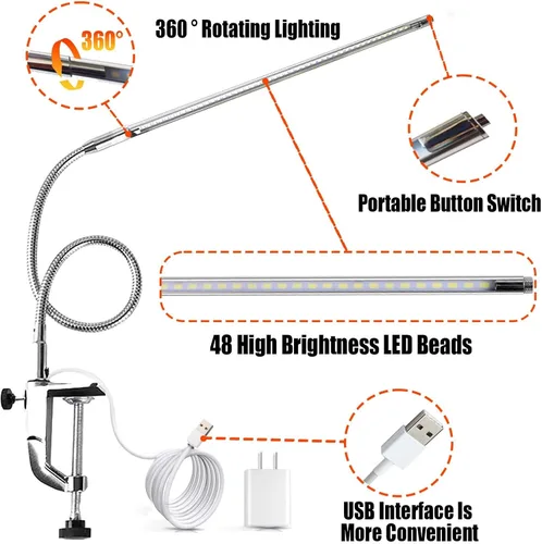 Vista 2 de Lámpara de escritorio Brokimis con abrazadera, lámpara de mesa USB LED de 8W con clip para uñas, lámpara de cuidado ocular flexible de cuello