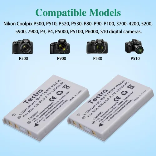 Vista 2 de Tectra Paquete de 2 baterías EN-EL5 y cargador USB para cámaras Nikon Coolpix P500, P510, P520, P530, P3, P4, P80, P90, P100, P5000, P5100, P6000
