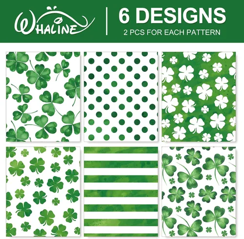 Vista 3 de Whaline 12 hojas de papel de regalo del día de San Patricio, papel de regalo de trébol de acuarela, papel de arte verde a granel, plegado plano