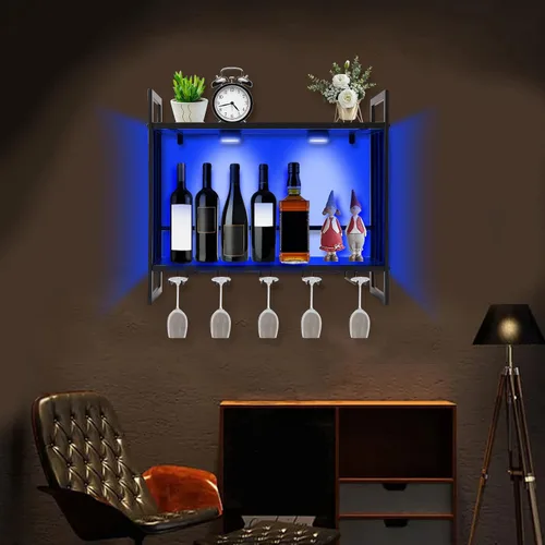 Vista 8 de Estante de vino LED montado en la pared, estante para botellas de vino, soporte de metal para colgar vino con 5 soportes de vidrio para almacenar