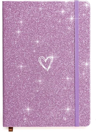 Vista 8 de Bling - Cuaderno A5, cuaderno rayado A5, bloc de notas para niñas y mujeres, bonito diseño de corazón con purpurina, cuaderno de tapa dura con rayas