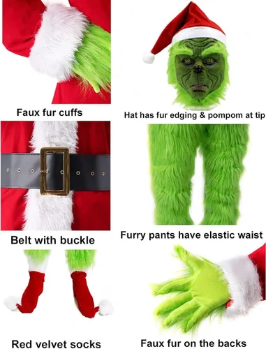 Vista 5 de Vukrtuo Disfraz de monstruo verde 7 piezas traje de Papá Noel peludo de lujo disfraz de cosplay verde