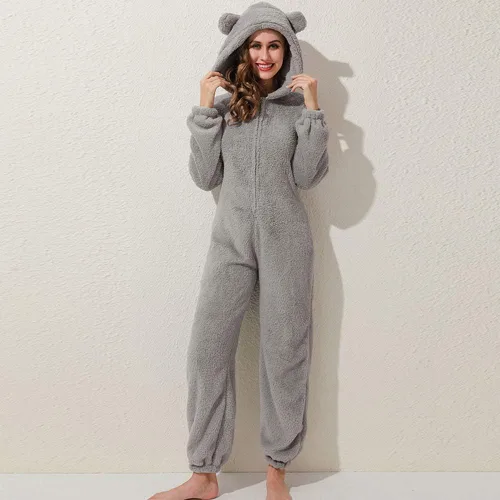 Vista 15 de Pijama de forro polar para mujer, mameluco cálido de sherpa, ropa de dormir de una pieza con cremallera y capucha