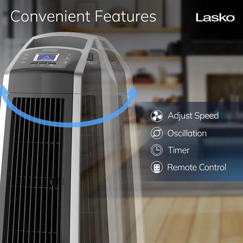 Vista 4 de Lasko Ventilador de torre oscilante de alta velocidad, 3 velocidades potentes, temporizador, rejillas direccionales ajustables, control remoto