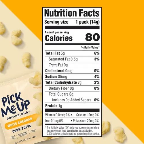 Vista 5 de Pick Me Up Provisions Puffs de maíz cheddar blanco sin gluten, 36/Bx