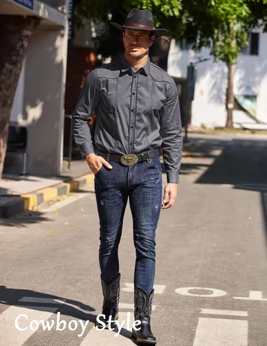 Vista 4 de COOFANDY Camisa vaquera occidental de manga larga para hombre, ajuste regular, de algodón, elegante, informal, con botones