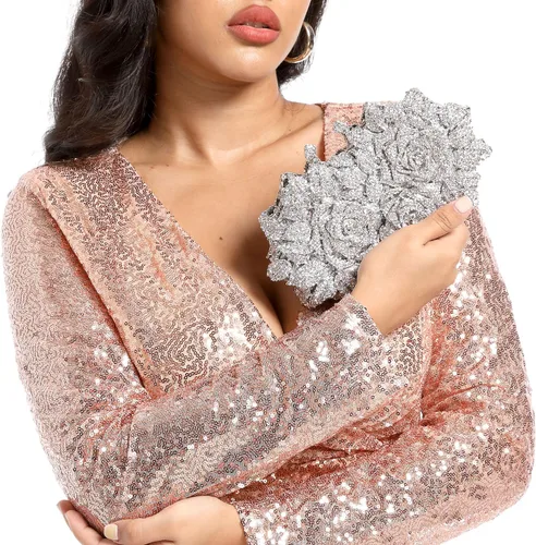 Vista 9 de Boutique De FGG Deslumbrantes bolsos de noche de flores para mujer, bolsos formales de fiesta con diamantes de imitación, bolso de mano de cristal