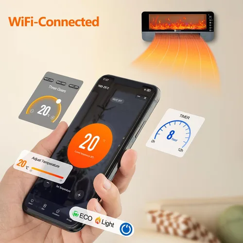 Vista 3 de Calentador de espacio, calentadores de espacio para uso en interiores, calentador de chimenea, WiFi y aplicación Tuya controlada, efecto de llama