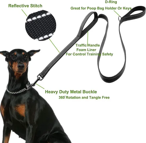 Vista 2 de Correa para perro para perros grandes, acolchado de tráfico, 2 asas para control adicional, 6 pies de largo con puntada reflectante para caminar por