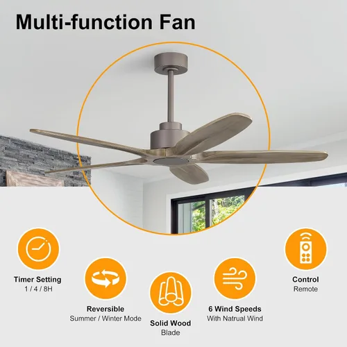 Vista 2 de WINGBO Ventilador de techo de 54 pulgadas sin luz, 5 aspas de madera maciza tallada, motor CC reversible de 6 velocidades, ventilador de techo
