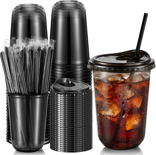 Vista 21 de Ziliny Paquete de 50 vasos de plástico transparente negro de 12 onzas con tapas y popotes, vasos desechables para mascotas, taza de café helado