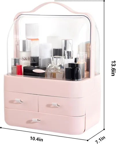 Vista 2 de Nervure Organizador de maquillaje rosa, caja de almacenamiento de cosméticos con tapa, organizador de maquillaje con cubierta libre de polvo y asa