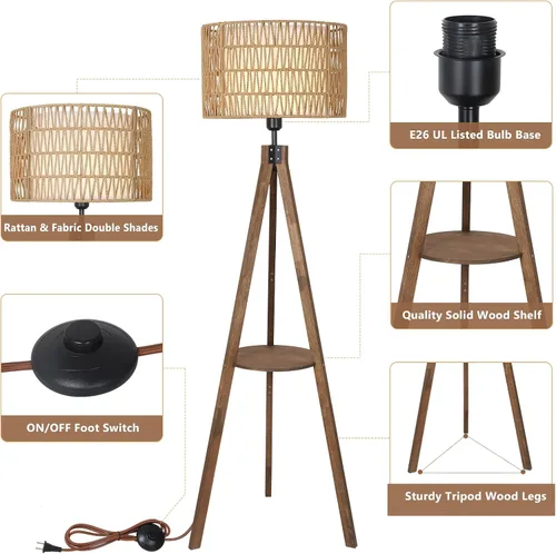 Vista 3 de LAMSU Lámparas de pie estilo bohemio con trípode para sala de estar, lámpara de pie de madera de ratán con pantallas de tela, lámpara de pie
