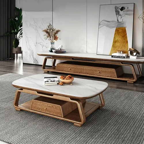 Vista 2 de Mesa de té para sala de estar, moderna mesa de centro de lujo, parte superior de pizarra y marco de madera de fresno, mesa central ovalada grande