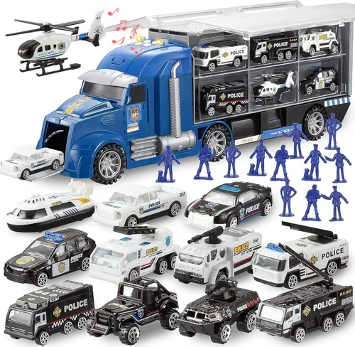 Vista 9 de JOYIN Juego de camiones de construcción 25 en 1 con 12 vehículos y 12 figuras de trabajadores, camiones de juguete Push and Go con sonido y luz