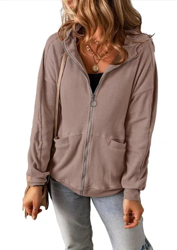 Vista 3 de Chaqueta de punto gofre para mujer, con cremallera, de gran tamaño, para otoño, con bolsillo