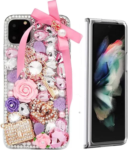 Vista 13 de Sparkle - Funda para teléfono compatible con Samsung Galaxy Z Fold 3 5G, elegante, hecha a mano en 3D, con diamantes de imitación, diseño