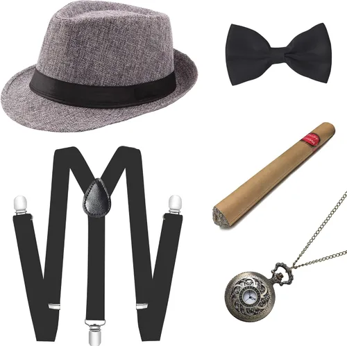 Vista 8 de BABEYOND 1920s - Conjunto de accesorios de gángster de Gatsby para hombre, sombrero de Panamá y pajarita