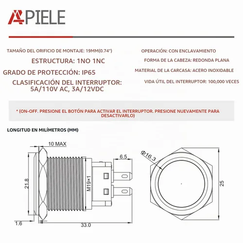 Vista 2 de APIELE - Interruptor de botón con pestillo de 0.748 in, impermeable, acero inoxidable, parte superior plana de 12 V, 24 V, 36 CC 110 V, 250 V, CA