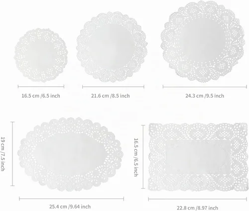 Vista 3 de Paquete de 700 tapetes de papel blanco de varios tamaños, tapabocas desechables de encaje de papel para alimentos (rectángulo redondo ovalado)