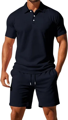 Vista 3 de Conjunto deportivo de 2 piezas para hombre, conjunto deportivo casual de polo y pantalones cortos, conjunto deportivo de verano, playa, talla grande