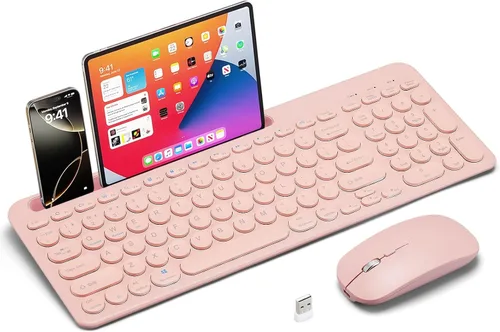 Vista 9 de Combo de teclado y mouse inalámbricos con soporte para tableta de teléfono, modo dual recargable (Bluetooth 5.0 y 3.0 +2.4G) mouse silencioso