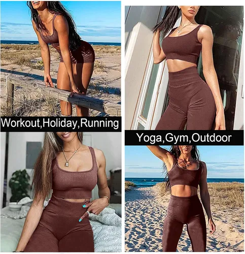 Vista 4 de TWFRHC - Conjuntos de entrenamiento para mujer con tirantes acanalados, 2 piezas, sin costuras, cintura alta, para gimnasio, pantalones cortos