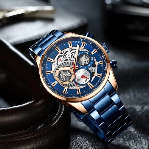 Vista 2 de FANMIS Relojes de lujo para hombre, reloj de pulsera analógico de cuarzo de acero inoxidable impermeable