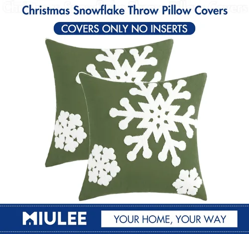 Vista 6 de MIULEE Paquete de 2 fundas de almohada decorativas de Navidad con diseño de copo de nieve, fundas de almohada de lona con bordado de invierno