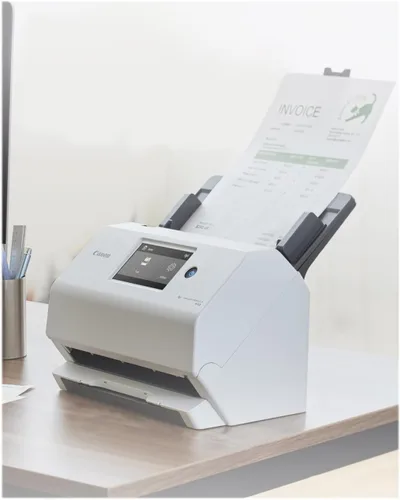 Vista 4 de Canon imageFORMULA R50 - Escáner de documentos empresariales para PC y Mac, escaneo dúplex a color, conexión con cable USB o red Wi-Fi, pantalla