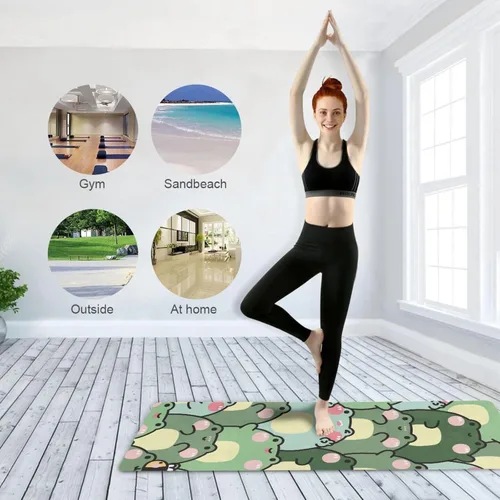 Vista 6 de Cute Chubby Frog Yoga Mat, 71 x 26 Inch Non-slip Yoga Mats Folding Travel Exercise Mat Indoor Outdoor Gym Pilates with Storage Bag for Women Men