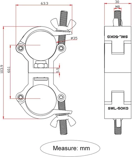 Vista 2 de Abrazadera de iluminación resistente, abrazaderas de armadura de aluminio, 110 libras para tubo F24 de 1.260-1.378 in, abrazaderas de luz de DJ