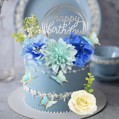 Vista 6 de 19 piezas de decoración de mariposa para pasteles, decoración de feliz cumpleaños con rosas azules artificiales, mariposas de eucalipto, suministros