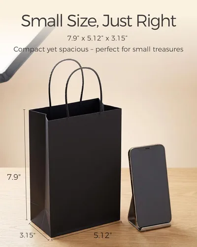 Vista 3 de SUNCOLOR Paquete de 24 bolsas de regalo negras con asas, bolsas de regalo de 8 pulgadas para bolsa de recuerdo de fiesta, Halloween, bodas y eventos