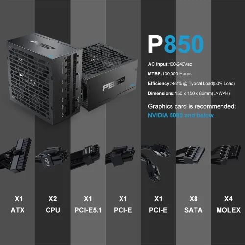 Vista 6 de SAMA P850 850W Fuente de alimentación – Compacta totalmente modular ATX 3.1 PSU – PCIe 5.1 y 12V-2x6 GPU Ready – Certificada 80 Plus Platinum