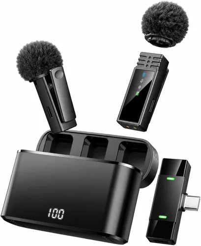 Vista 10 de Micrófono inalámbrico para iPhone/Android tipo C J68YL0813J 2 Clip-On Mics with Noise Reduction, 34h Using Time with Charging Case, 48kHz Audio