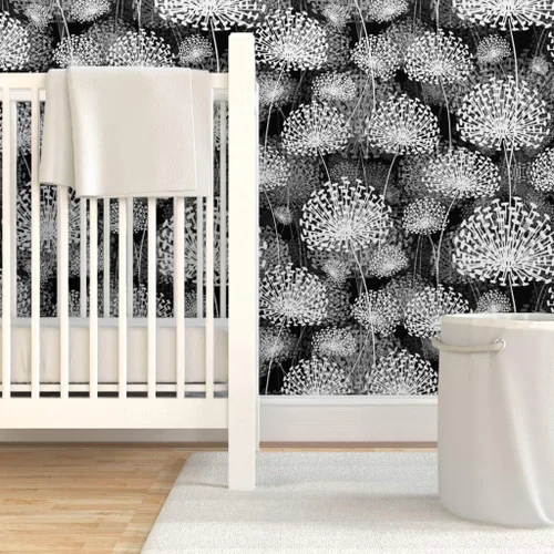 Vista 6 de Spoonflower Papel tapiz para despegar y pegar, diseño de dientes de león blanco y negro, flores de estilo vintage, floral, naturaleza, papel tapiz