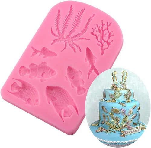 Vista 2 de Molde de silicona de algas marinas de pescado para cupcakes de coral de mar, moldes de chocolate, bricolaje para tartas, frontera, fondant