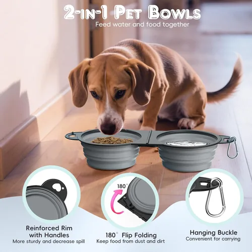 Vista 4 de Pawaboo Cuencos plegables 2 en 1 para perros, cuencos dobles para comida y agua, cuenco de silicona portátil de 180° con gancho de metal, comedero