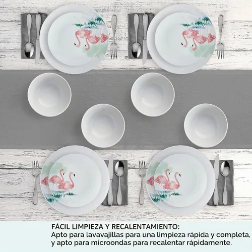 Vista 5 de Studio Nova Flamingo Haven Tropical juego de vajilla de 12 piezas, platos y cuencos, para 4 comensales