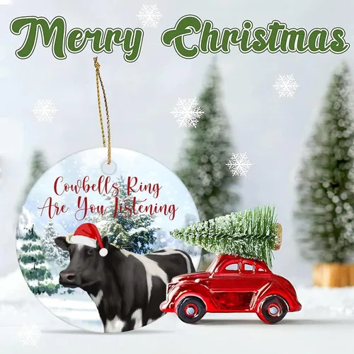 Vista 6 de Adorno redondo de cerámica de Navidad de recuerdo, anillo de campanas de cerveza, animal de vaca, árbol de nieve, adorno de 3 pulgadas para fiesta