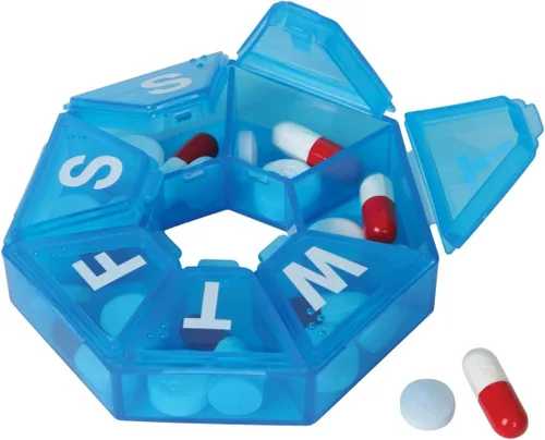 Vista 9 de EZY DOSE Organizador semanal de píldoras de 7 días, contenedor diario de medicinas y planificador de vitaminas, estuche redondo para suplementos