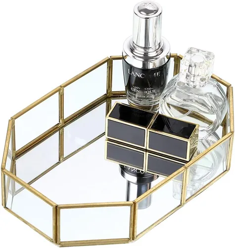 Vista 8 de Hipiwe Mirror Glass Vanity Tray - Gold Ornate Makeup Organizer Perfume Tray