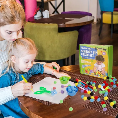 Vista 8 de 170 piezas de relleno sensorial de habilidades motoras finas que incluyen 12 cuencos de clasificación, 150 pompones, 6 pinzas, 2 tijeras para niños
