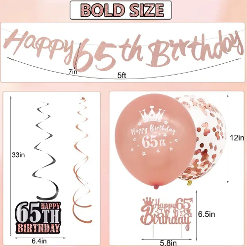 Vista 7 de WOJOGO Decoraciones de cumpleaños número 65 para mujer, kit de decoración de cumpleaños número 65 de oro rosa con pancarta, decoración de pastel