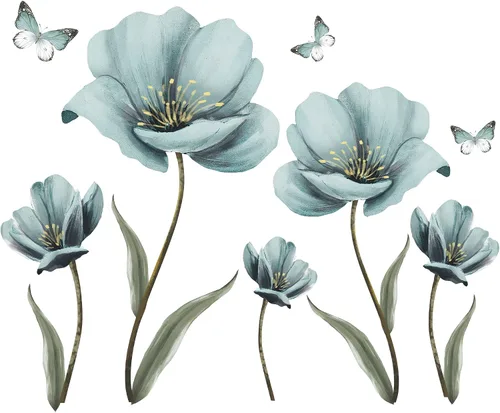 Vista 6 de Calcomanías de pared de flores azules de ensueño creativas pintadas con mariposas para pared, pintura romántica, decoración artística, vinilo