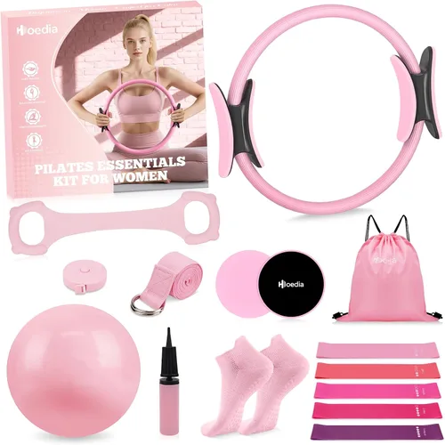 Vista 11 de Hoedia Kit de Pilates de 17 Piezas para Mujeres, Equipo de Pilates Anillo y Pelota Set con Bandas de Resistencia, Correa de Yoga, Deslizadores