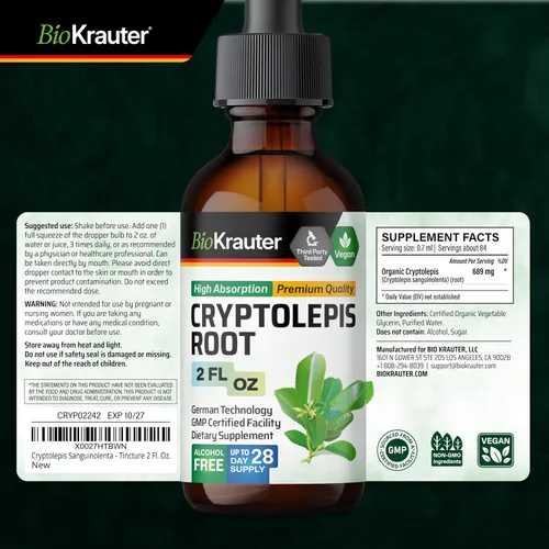 Vista 8 de BIO KRAUTER® Suplemento de apoyo inmunológico Cryptolepis - Tintura vegana de Cryptolepis Sanguinolenta, apoyo inmunológico natural y bienestar