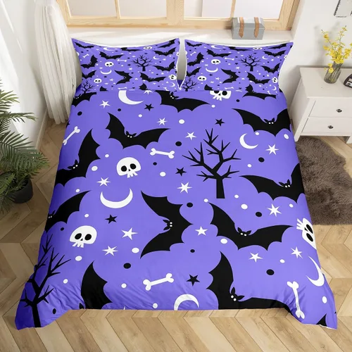 Vista 13 de Juego de ropa de cama de Halloween, funda de edredón gótica de murciélagos negros con telarañas, funda de edredón individual, diseño de arañas